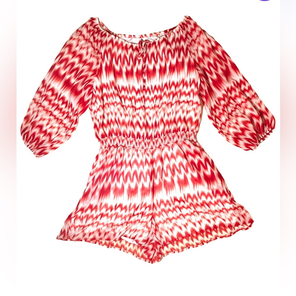 New York & Company Women’s Red & White Romper XL Long Sleeves Elastic Waist